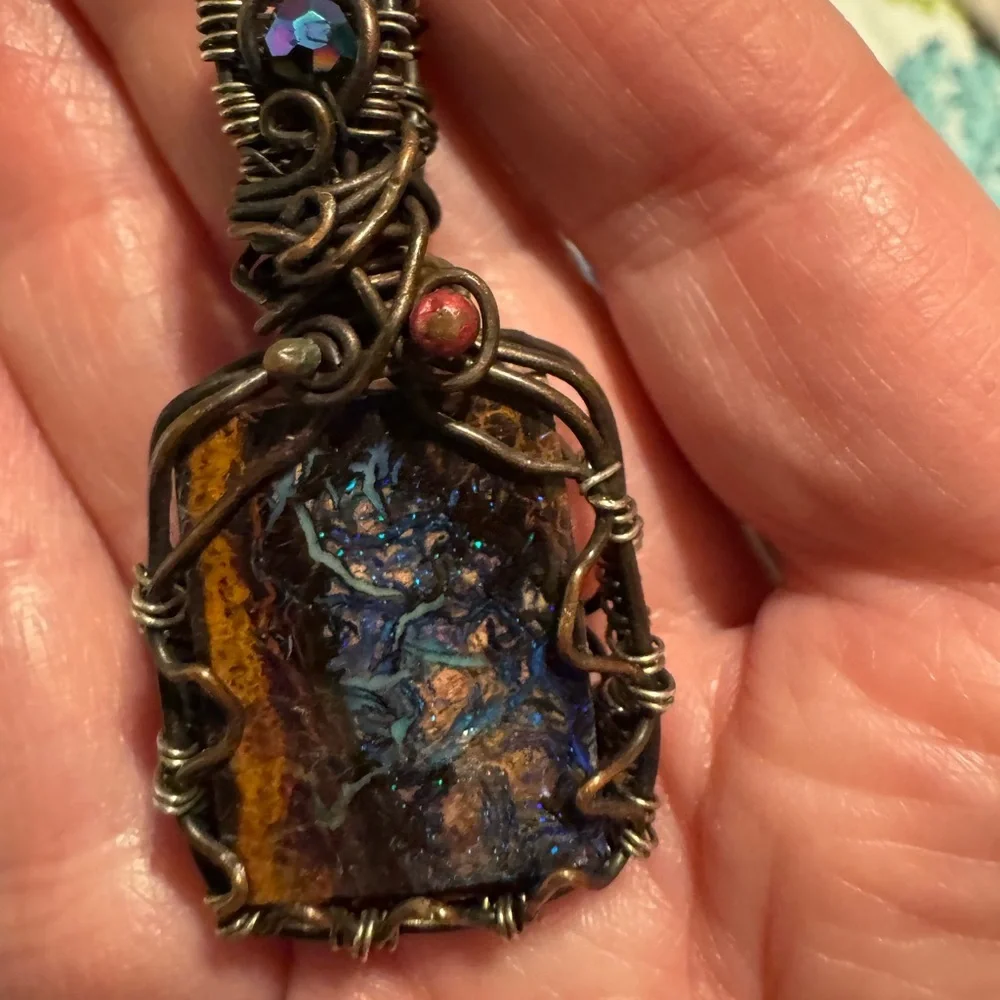 Handcrafted Copper Wire-Wrapped Boulder Opal Pendant in Multicolor